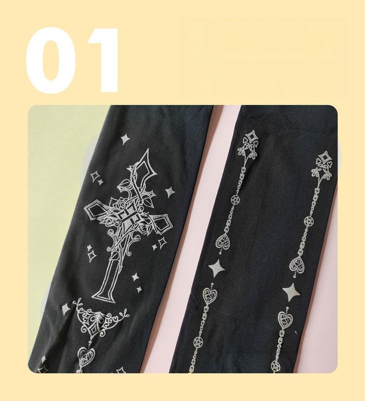 Thorn Cross - Halloween Gothic Lolita Pantyhose, Cross & Heart Chain Print 45946:869173