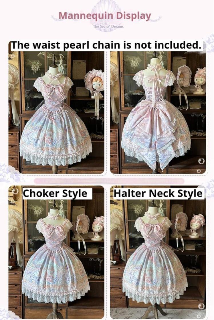 Mengfuzi - The Sea of Dreams - Halter Neck Sweet Lolita JSK Dress JSK + Choker Neck + Back Bow Trailing S Pink
