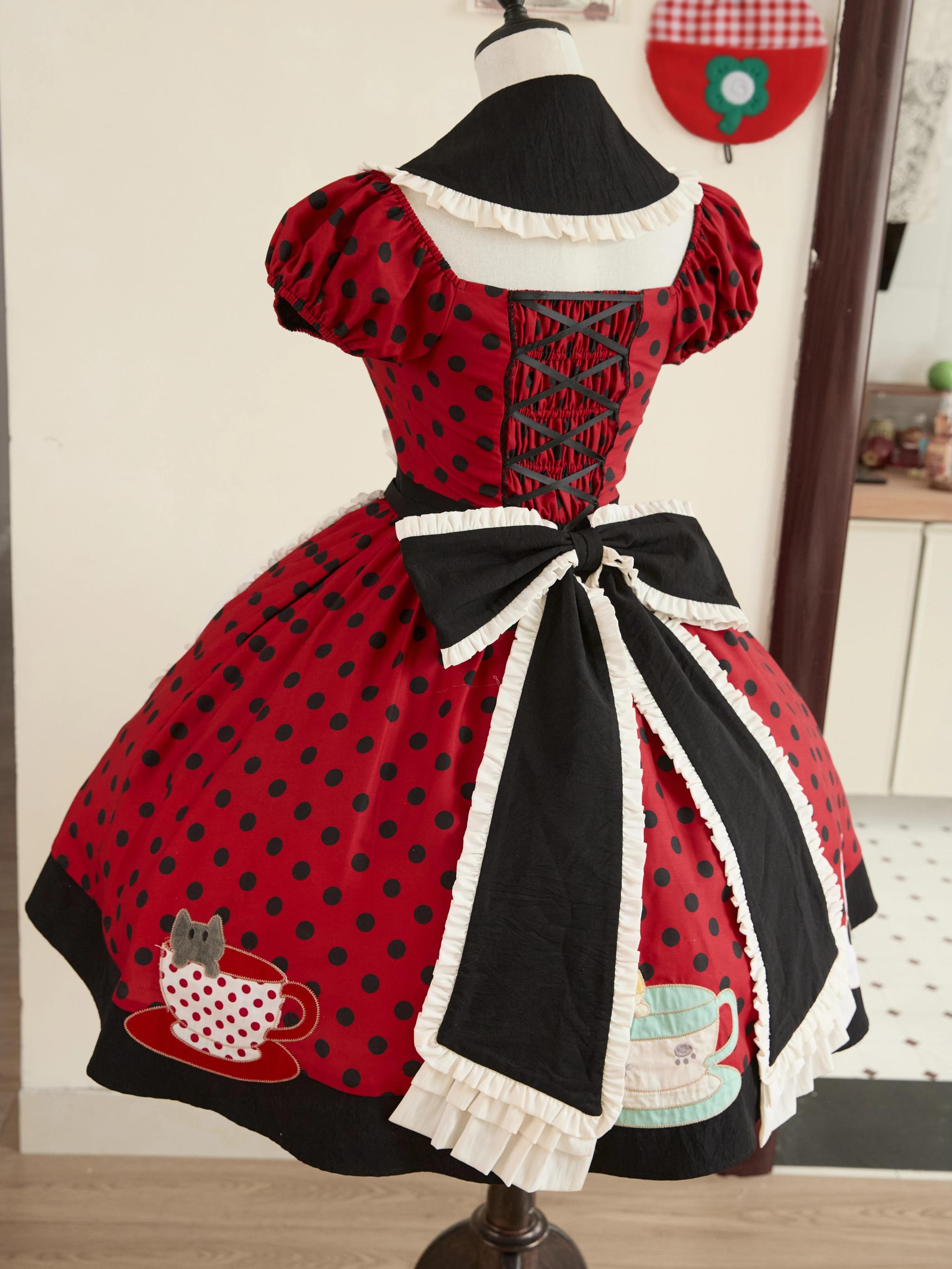 Teacup Meow - Old School Lolita Polka Dot OP Dress, Cat and Teacup Patch 45490:852676