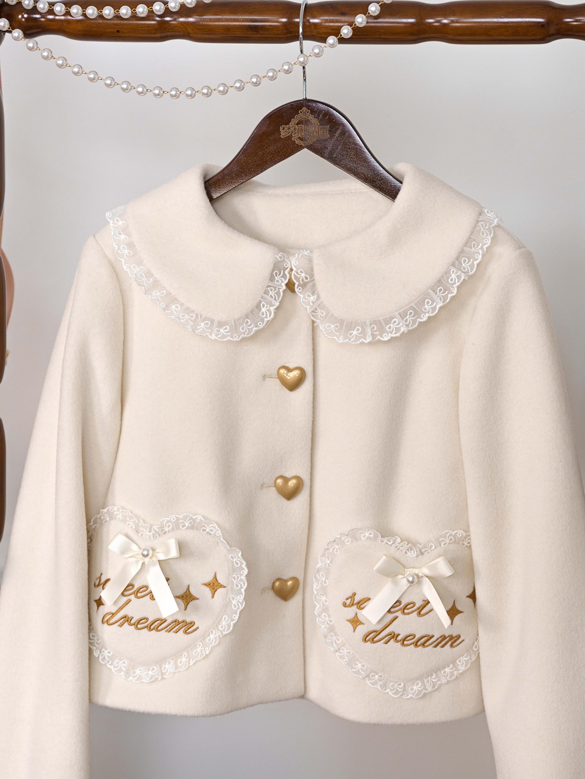Dream Magic Box - Milk Puff - Winter Fleece-lined Sweet Lolita Coat, Detachable Collar Apricot Coat S