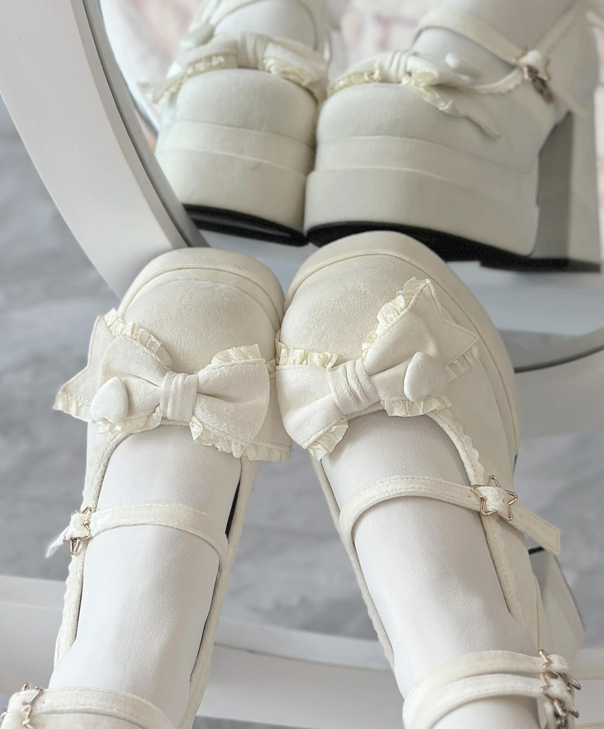 Puff Party - Elegant Lolita Chunky Heel Shoes, Bow & Straps