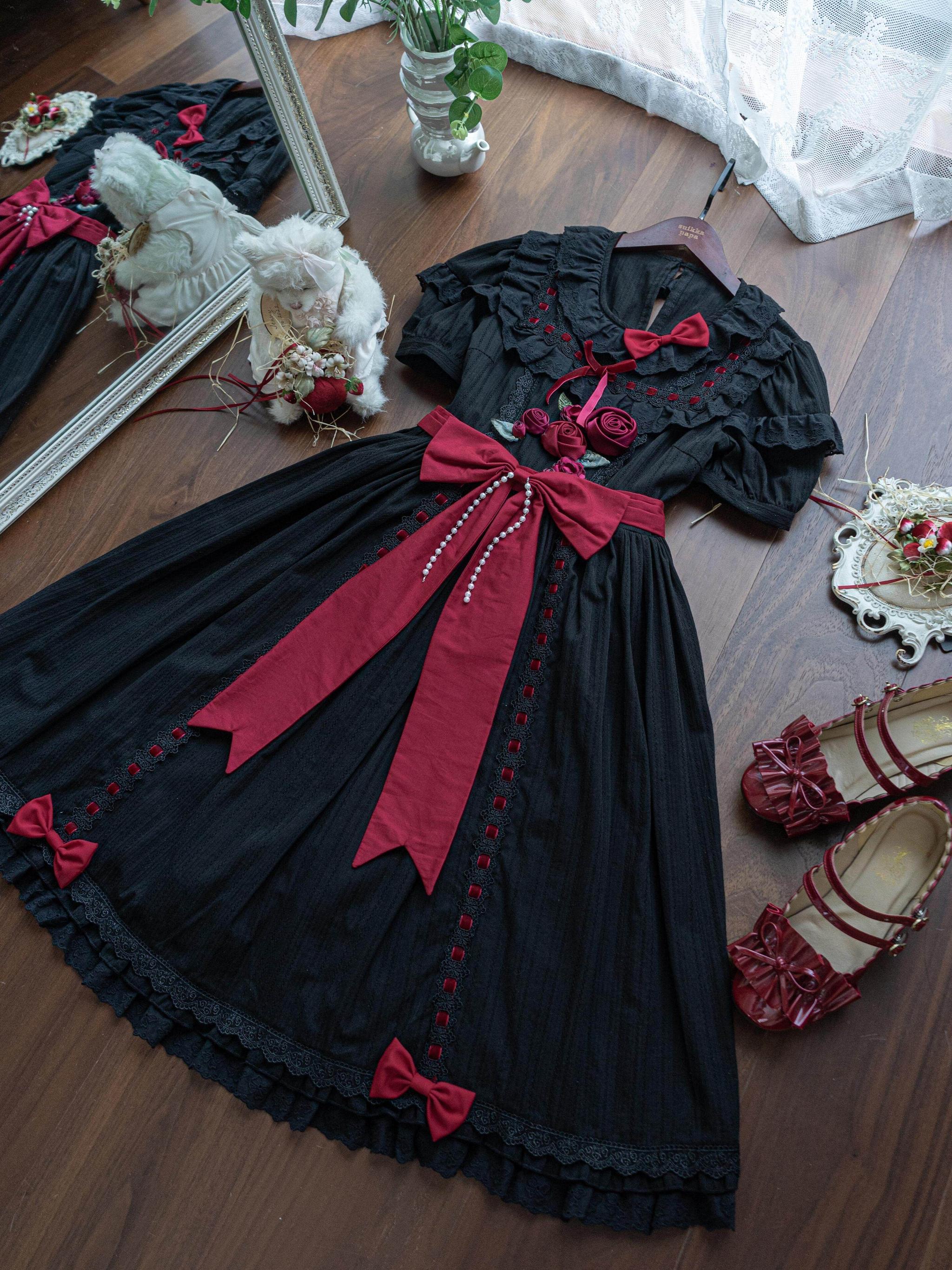 Moon Rose Poem - Classic Lolita OP Dress with 3D Rose Ornaments 45475:850538