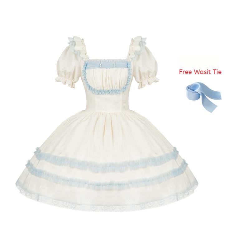 With PUJI - Sea Salt Iced Tea - Classic Lolita Dress, Fishbone Bodice Square Neck Short OP (with waist tie) S