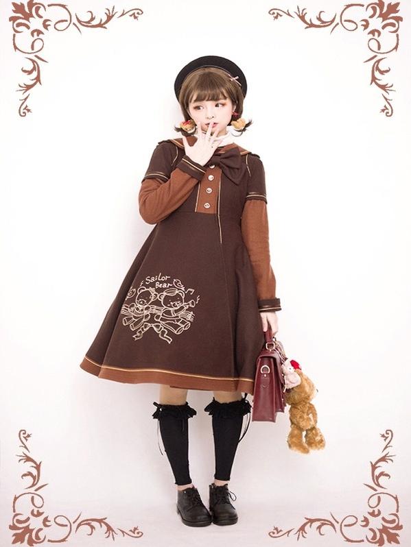 Strawberry Witch - Winter Kawaii Lolita Sailor Collar Overcoat, Bear Embroidery (2XL L M S XL) 44184:798171