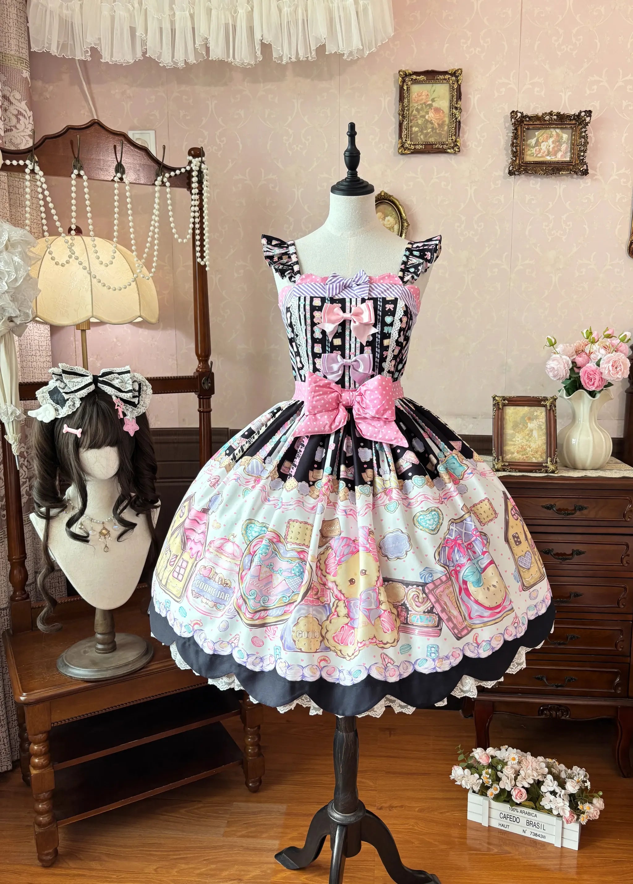 Sugar Frost Cookie - Old School Lolita Bear Dessert Printed JSK Dress (L M S XL) 45661:857396