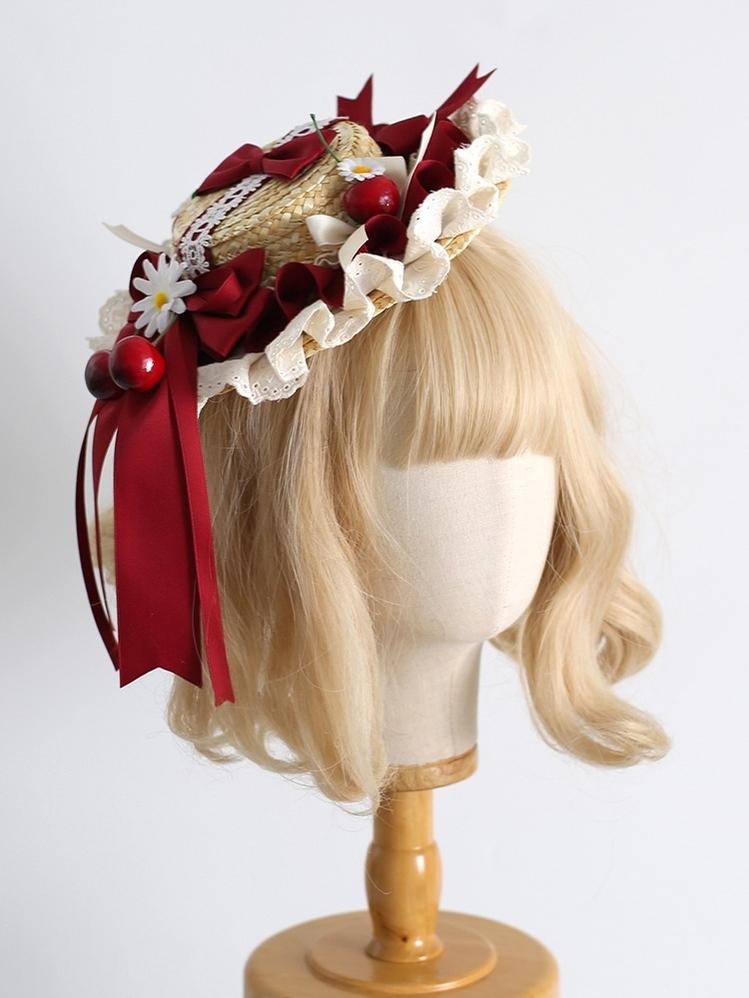 Xiaogui - Country Lolita Headdress, Daisy & Cherry Inspired No.1 Cherry Straw Hat