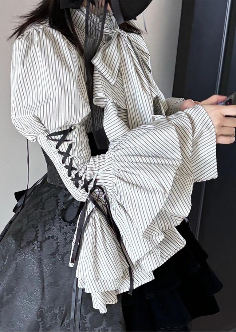 FlowerFairyDaily - Gothic Lolita Striped Shirt With Alternative NeckTie/Jabot 43313:772961