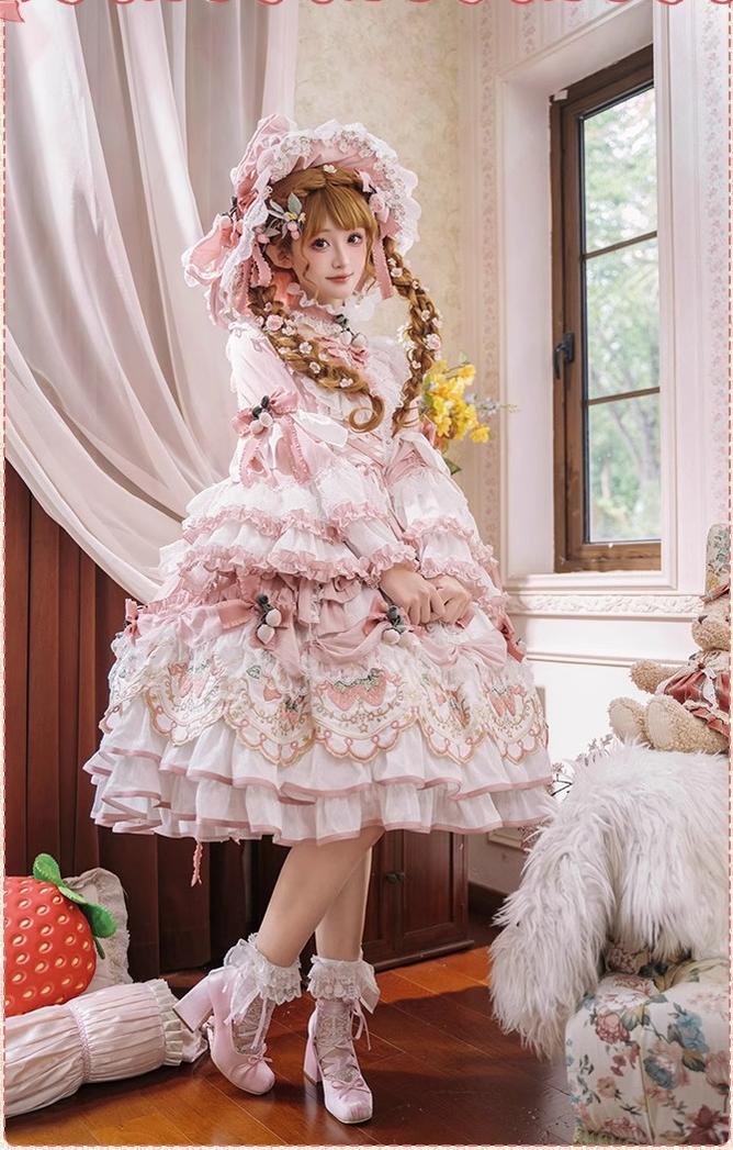 Bramble Rose - Starryberry Eden - Hime-sleeved Sweet Lolita Dress, Strawberry Embroidery 44262:801200