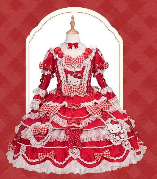 IP Collaboration Sweet Lolita OP Dress, Kitty Details Red and White - OP Dress + Choker XS