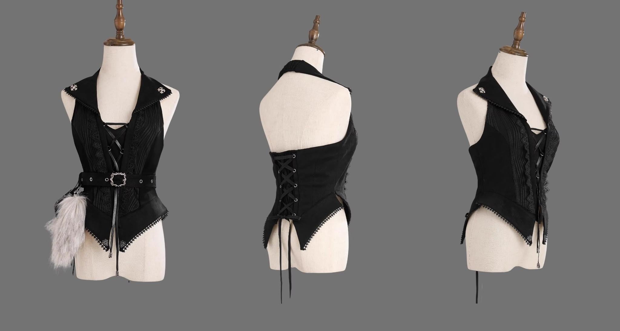 Wuyuzhe - Wolf Hunter - Gothic Lolita SK Set Halter Overskirt Cape Vest S Black- Vest