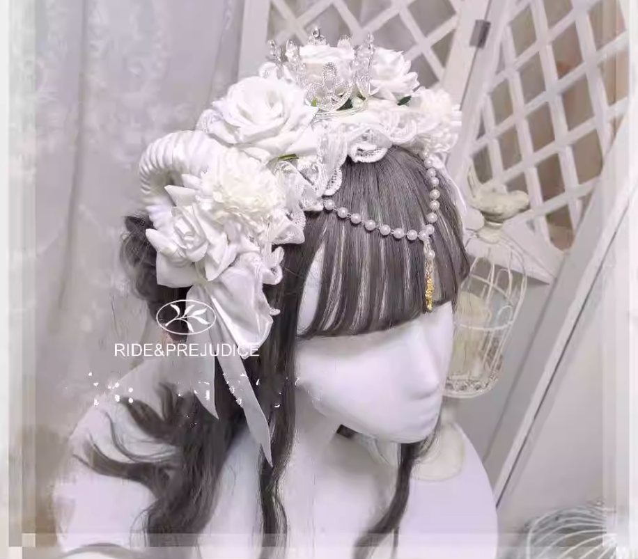 Yu Xixixi - Gothic Lolita Rose Crown KC with Veil Pendant Customized White-beige (golden crown)
