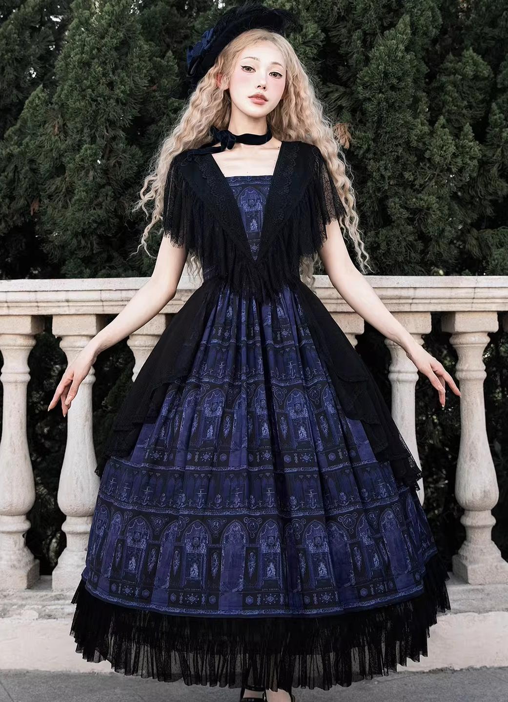 Reims Cathedral - Printed Classic Lolita Dress, Detachable Gauze Outlayer 44701:819221