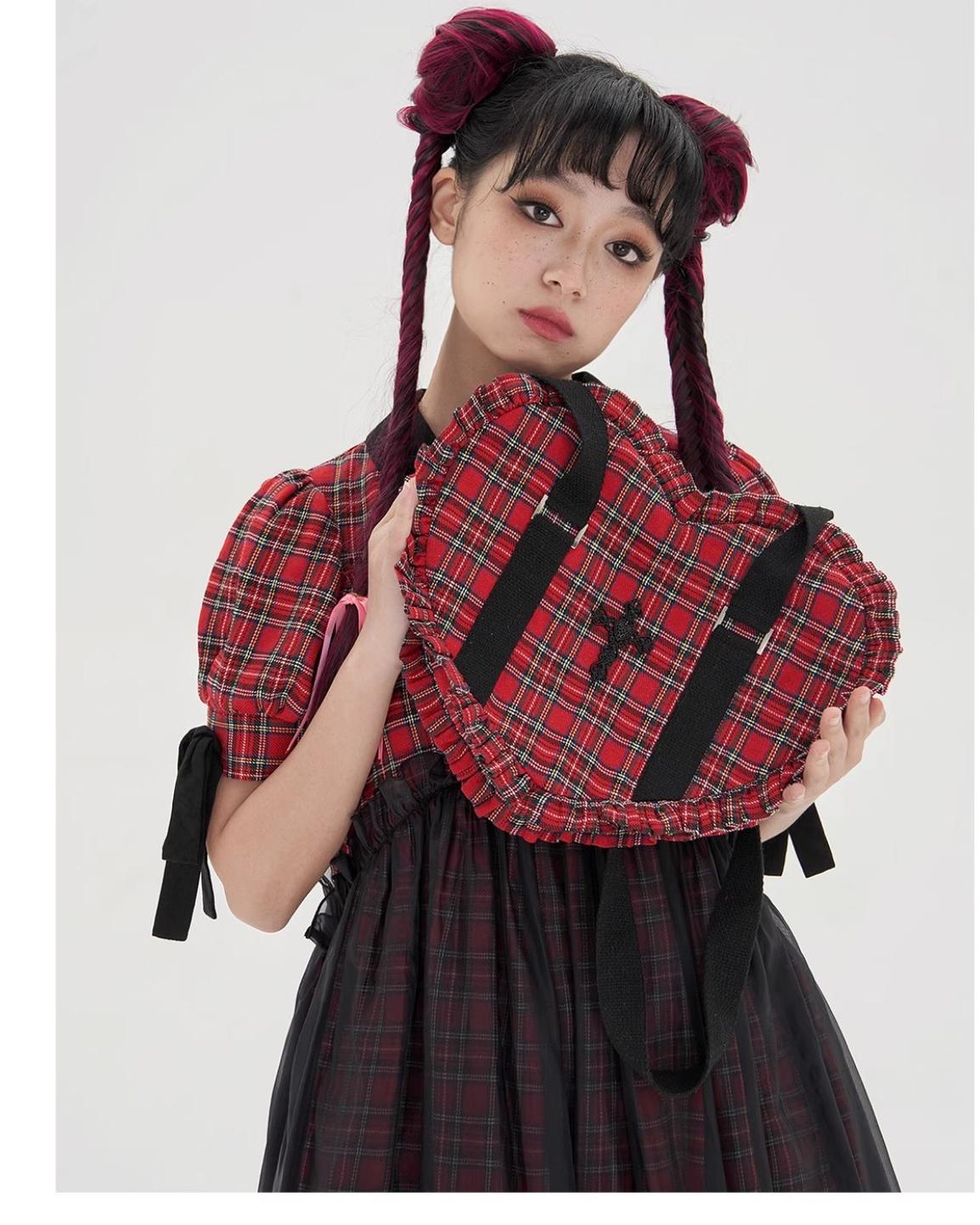 Soso Meme Club - Vintage Lolita Heart Shaped Plaid Dot Print JK Uniform Bag