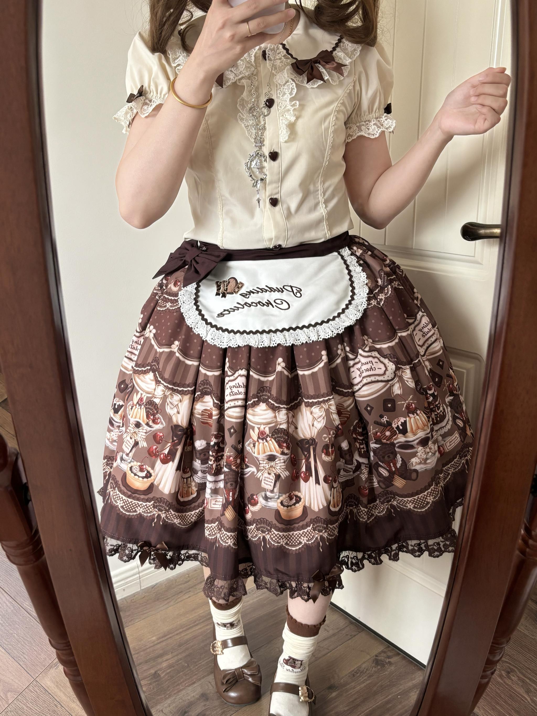 Cherry Choco Bear - Kawaii Lolita Elastic Skirt, Dessert and Cherry Print