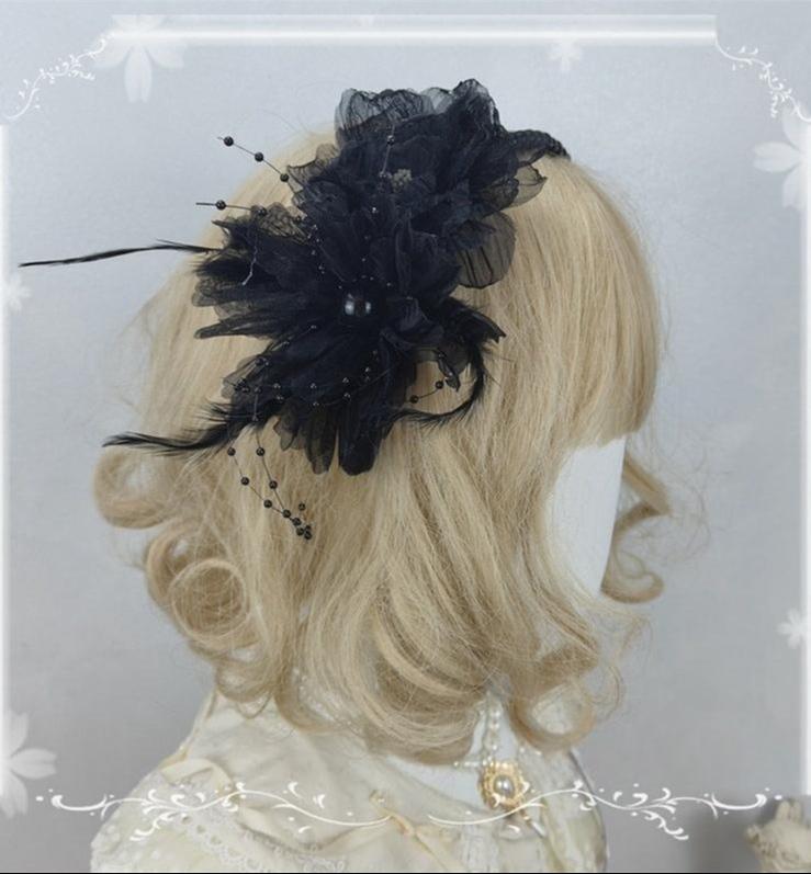 Floral Shaped Lolita KC, Pearls Accent Headdress One Size Black - KC