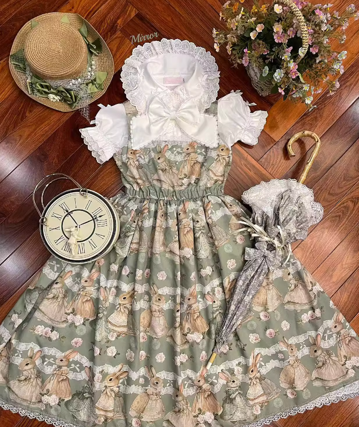 Fruit and rice - Tea Break Rabbit - Vintage Lolita JSK Rabbit Print Multicolors
