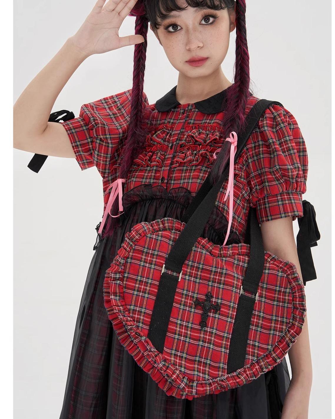 Soso Meme Club - Vintage Lolita Heart Shaped Plaid Dot Print JK Uniform Bag