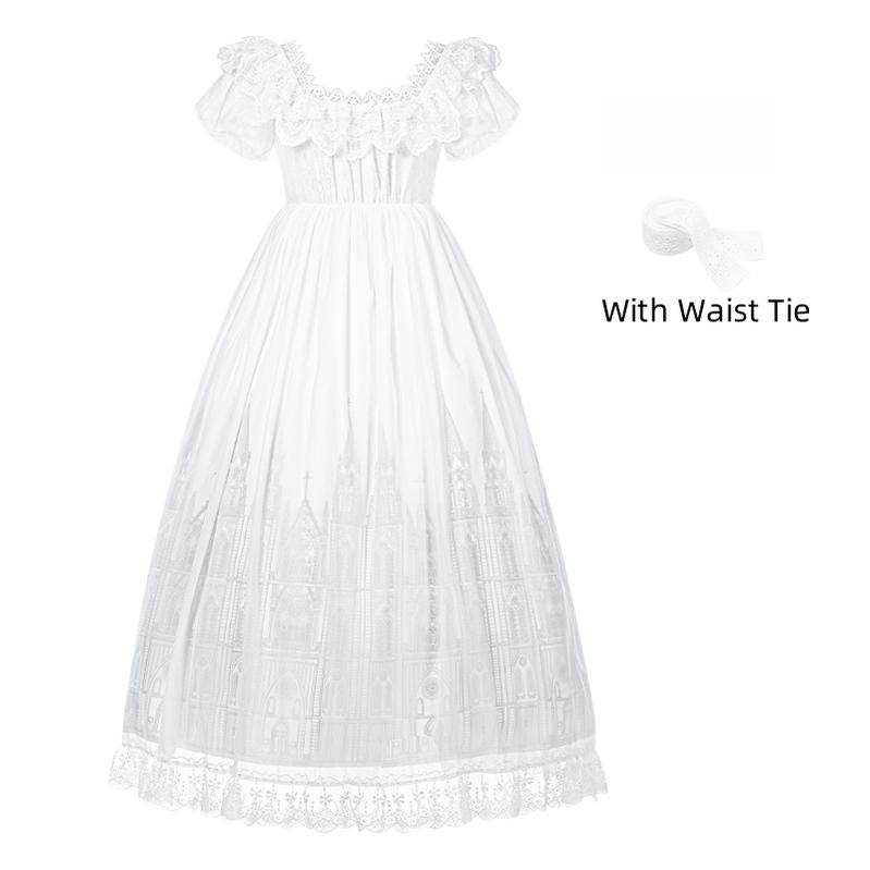 With PUJI - Dawn's Last Light - Castle Printed White Gothic Lolita OP, Two Length Styles Long OP + Waist Tie S