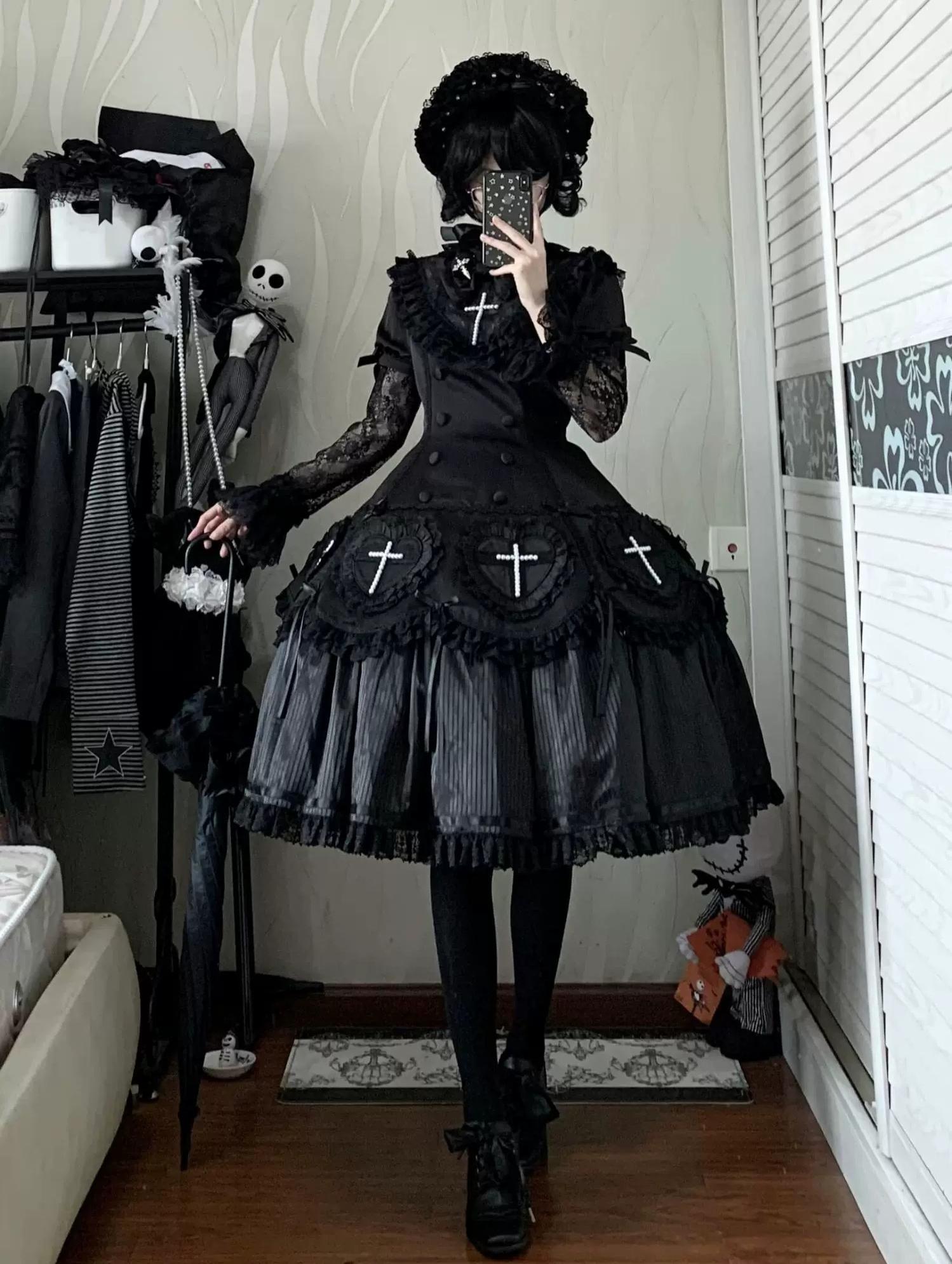 Nocthymn Cross - Gothic Lolita OP Dress with Pearled Cross, Detachable Sleeves 45813:863475