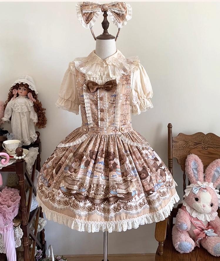 Wendy's Wardrobe - Macaron Bear - Cotton Kawaii Lolita Dress Suit, Bear & Dessert Print (Salopette / Brown) 43550:779075