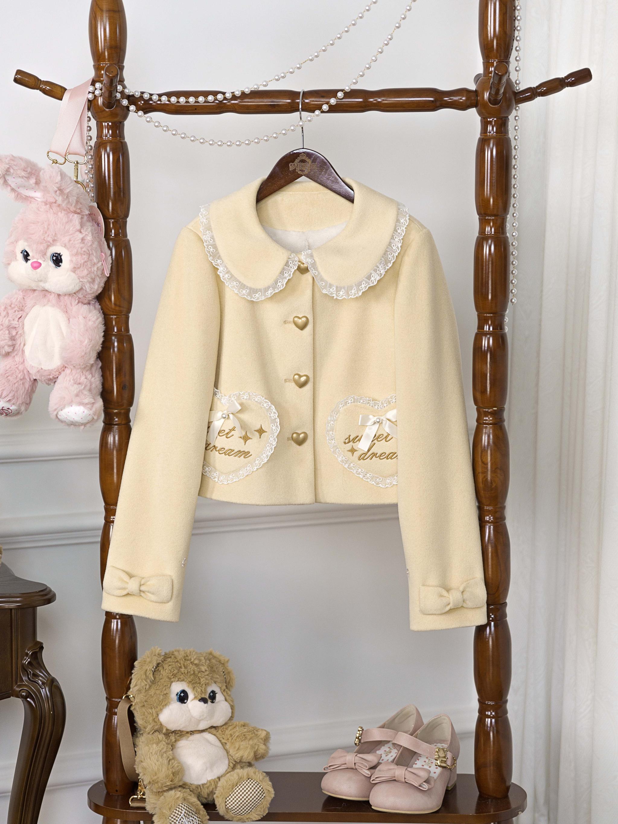 Dream Magic Box - Milk Puff - Winter Fleece-lined Sweet Lolita Coat, Detachable Collar Yellow Coat S