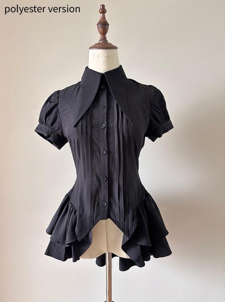FlowerFairyDaily~Midnight Prayer~Solid Lolita Shirt with Flowing Tiered Back Hem 43006:762108
