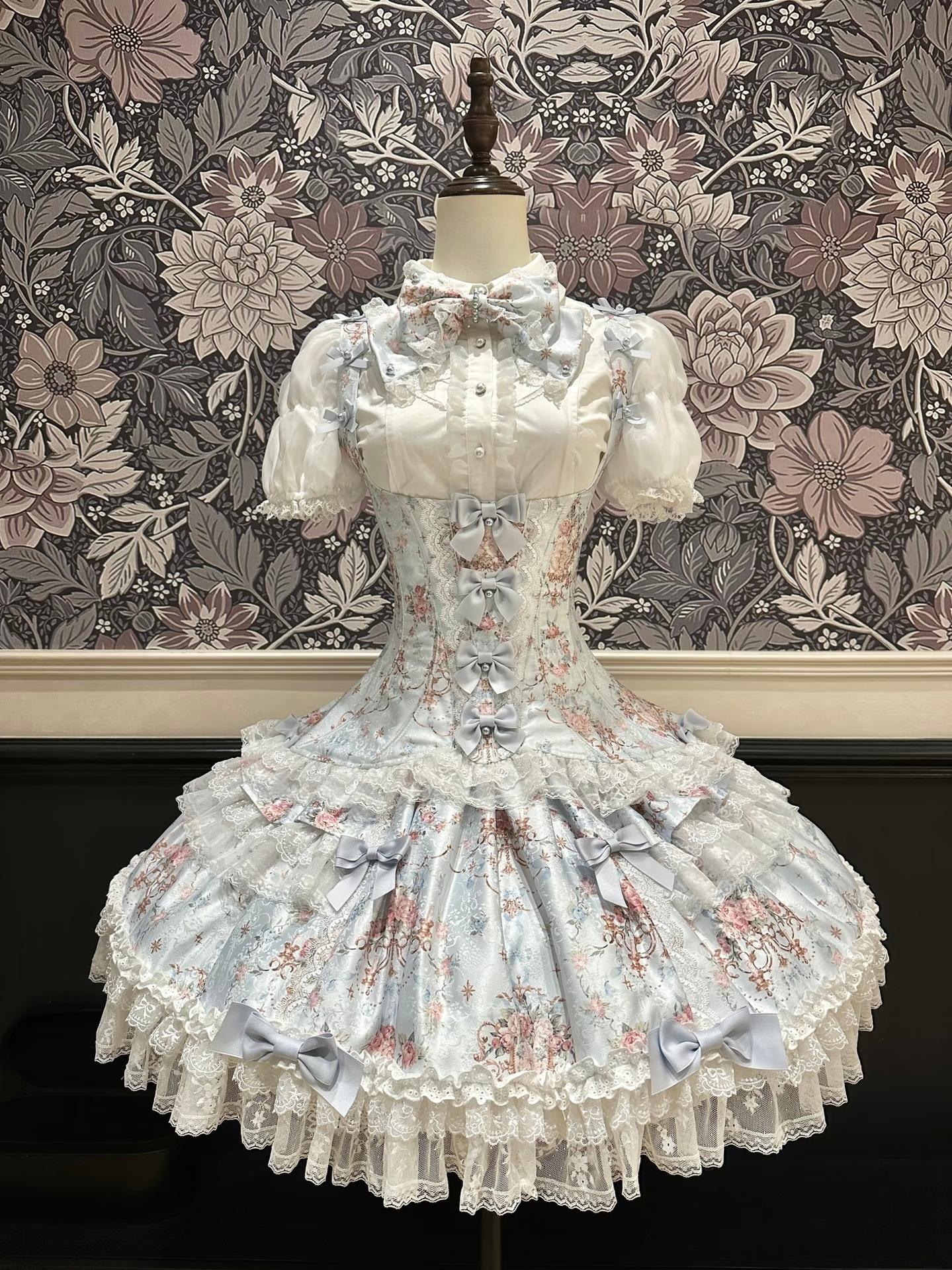 Mengfuzi - FLower in the Mirror - Old-School Lolita Bodice & SK Set, Short-Sleeved OP (Blue / 2XL L M S XL) 44280:802294