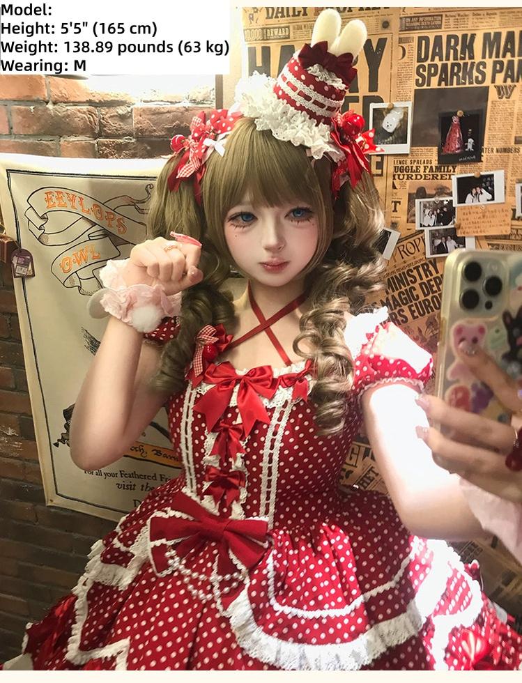 Berry Dew Drops - Red Old School Lolita OP Dress, Polka Dot
