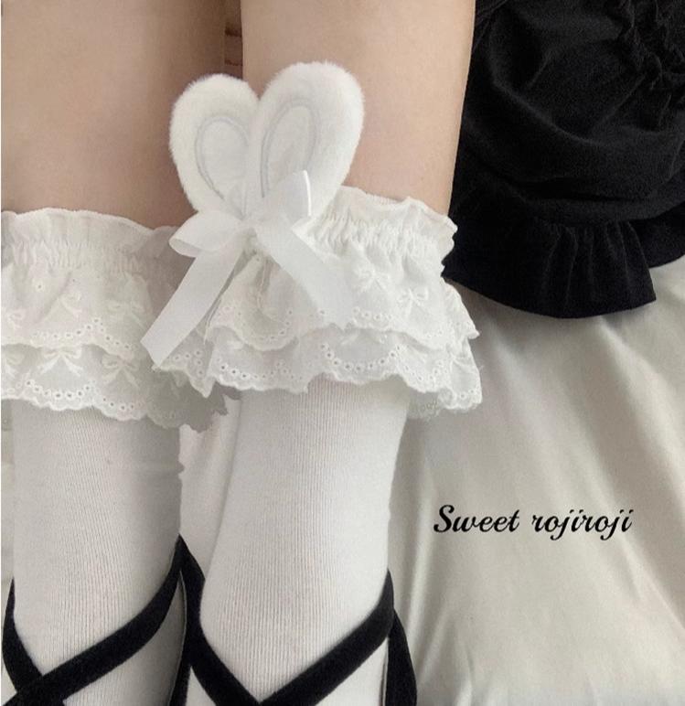 Roji roji - Cotton Lolita Bunny Ear Socks Summer Bow Short Socks Short socks (about 34cm) white ear with white bow