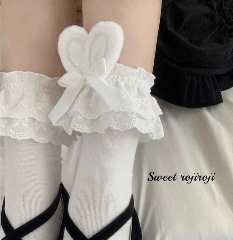 Roji roji~Cotton Lolita Bunny Ear Socks Summer Bow Short Socks Short socks (about 34cm) white ear with white bow 