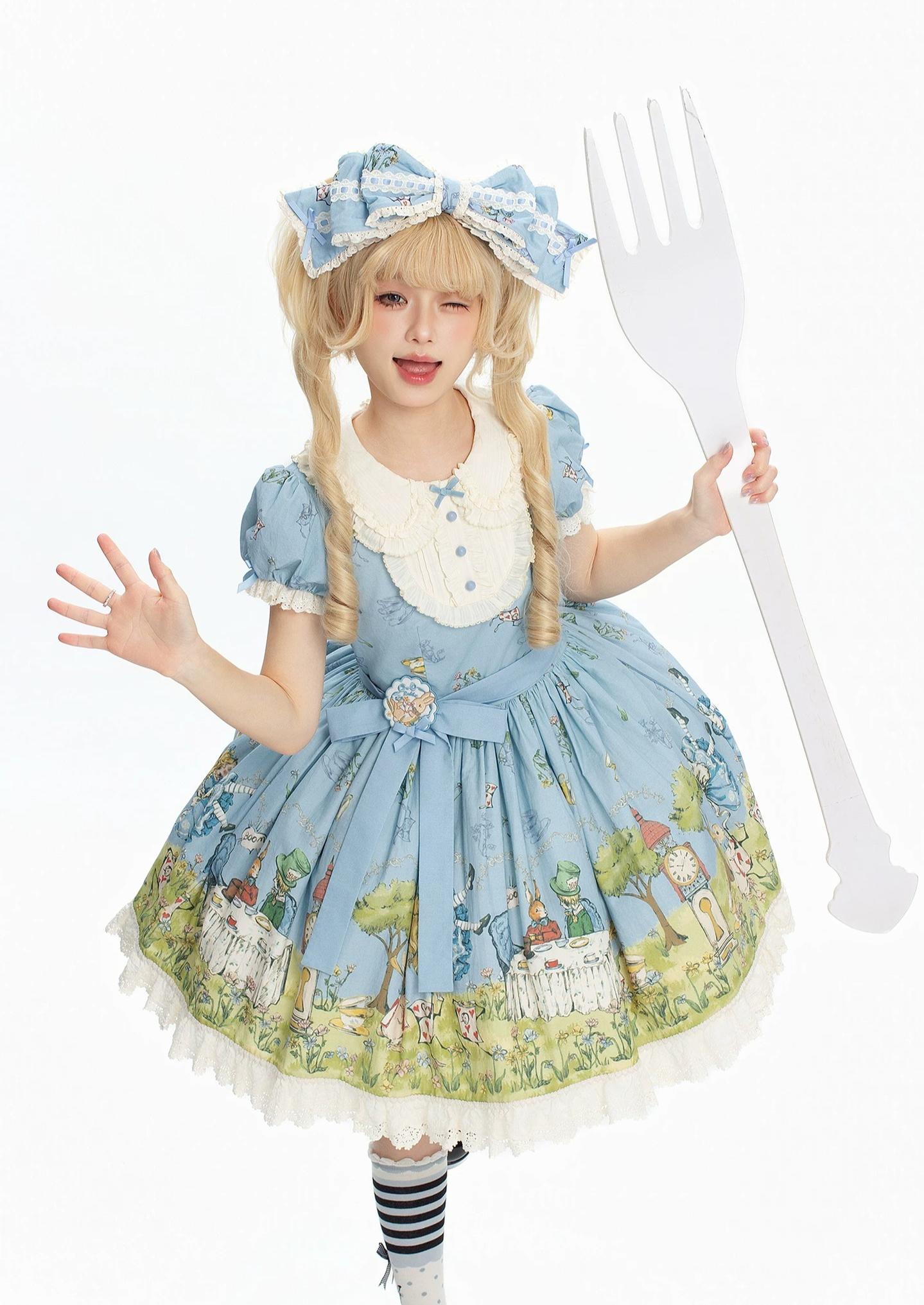 Alice - Sweet Lolita Cotton Lining Dress, Bunny & Clock Print OP Only (cotton-like version) S