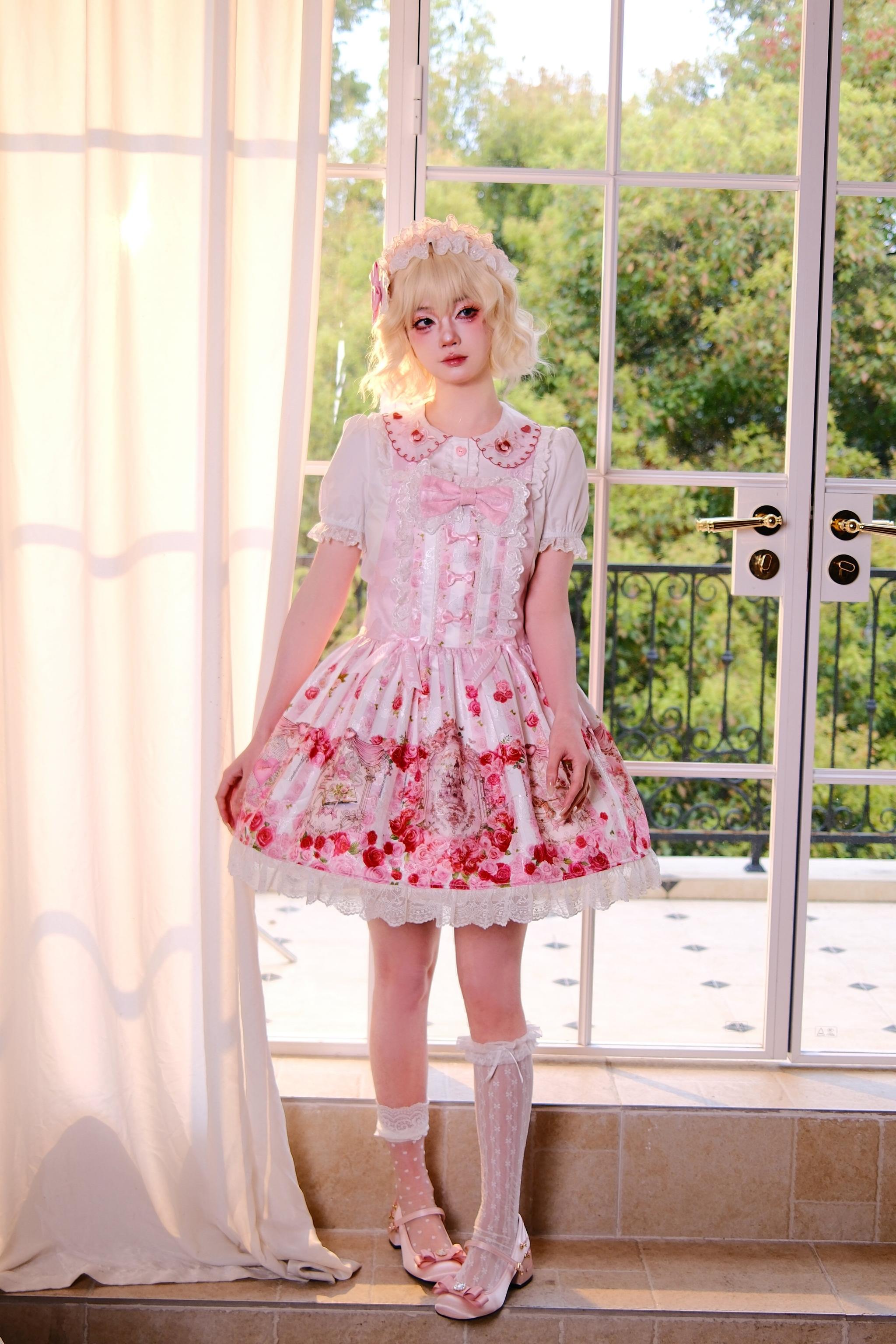 Rose Dream Isle - Sweet Lolita Rose Wall Print Dress, Embroidery & Bows