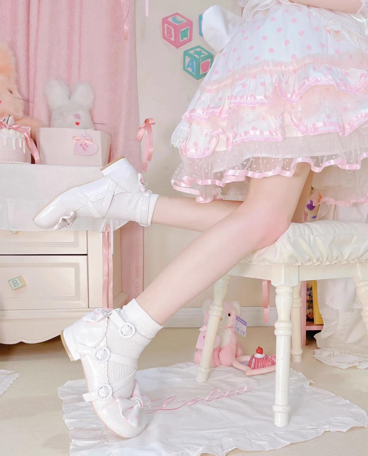 Sheep Puff~Swirly Pop~Sweet Lolita Shoes Polka Dot Lolita Mid Heels Shoes   