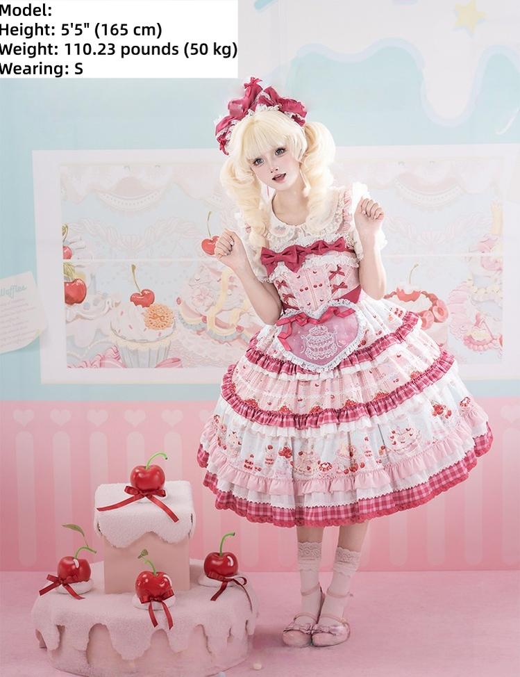Cherry Cake - Printed Sweet Lolita JSK Dress, Embroidered Apron 44904:827194