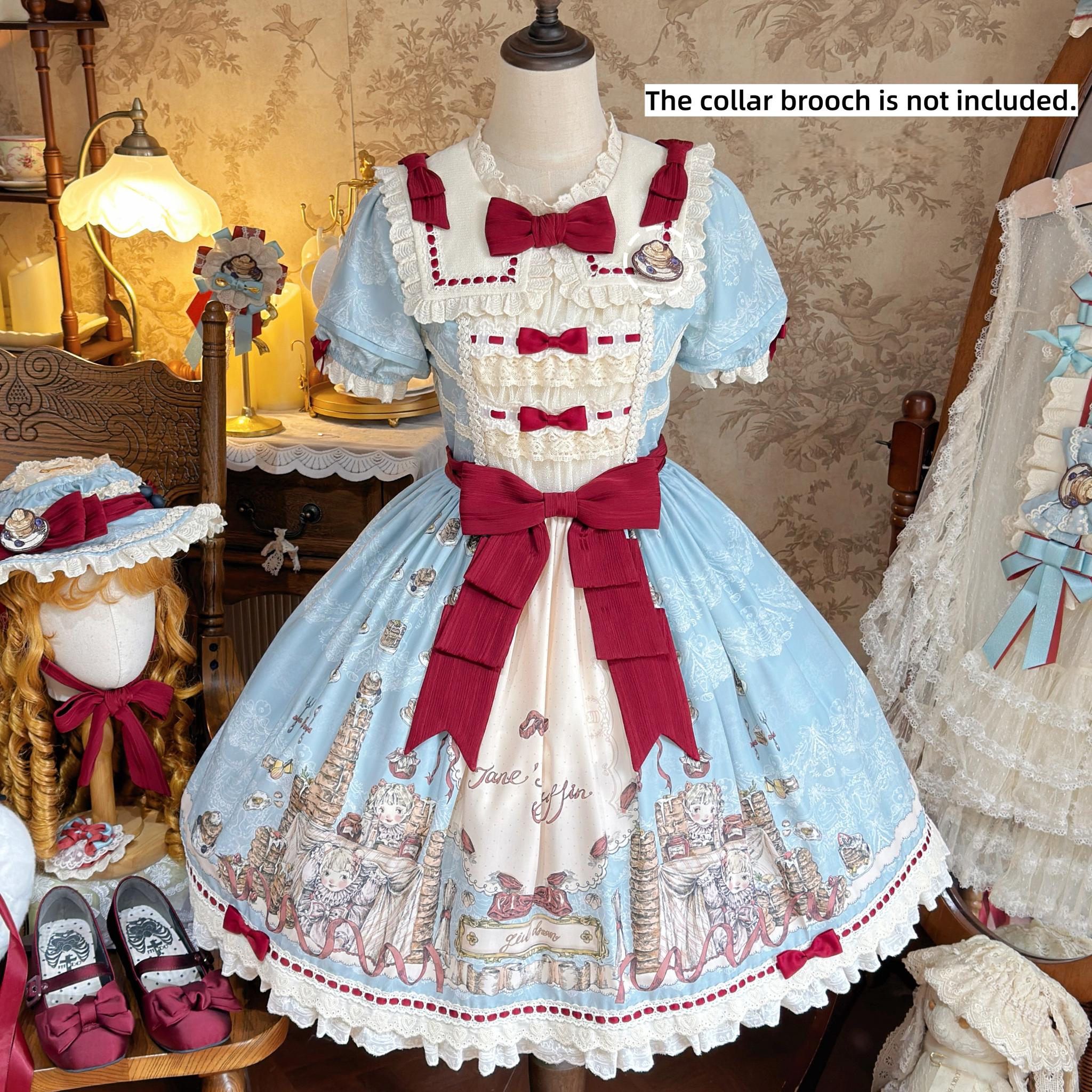 Pancake Postman - Kawaii Lolita Printed OP & Salopette Dress, Lace & Bows (L M S XL) 45174:838704