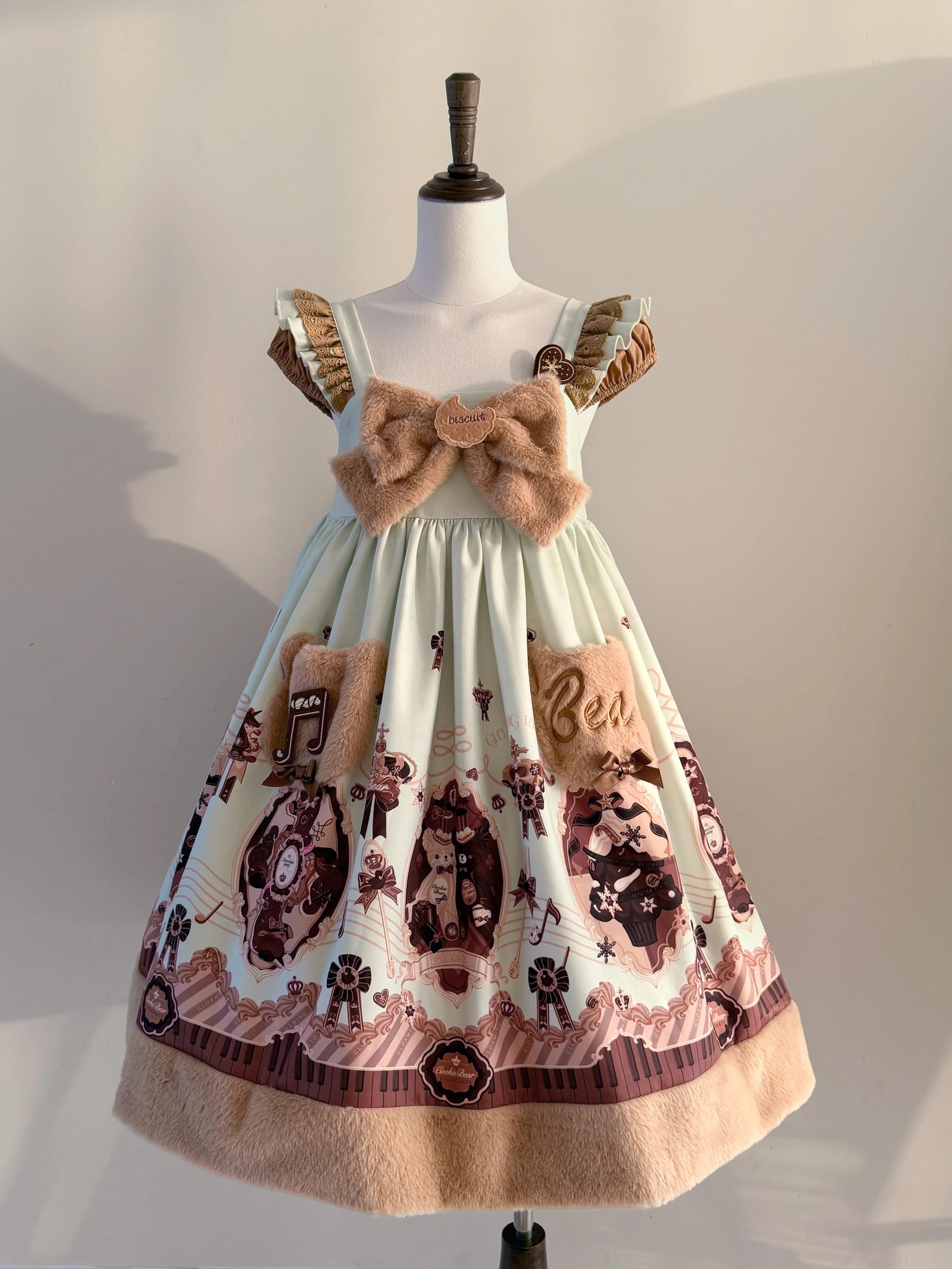 Cream Bear - Print Kawaii Lolita Fake Two-Piece OP, A-lined JSK Dress 44502:811744