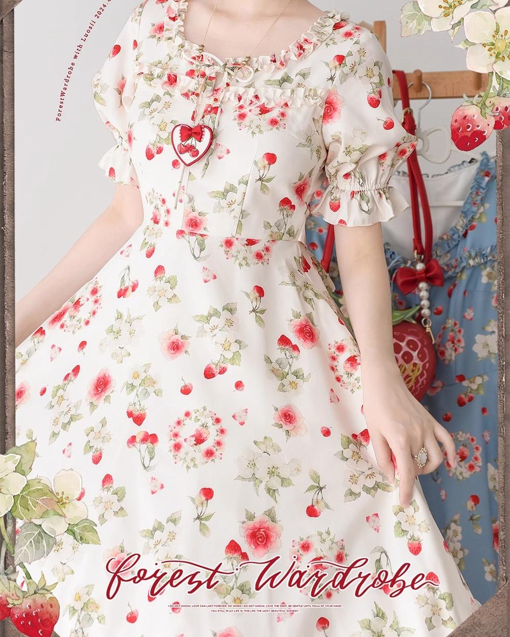 Forest Wardrobe - Summer Berry Picture Book - Vintage Lolita OP Dress Floral Print Short Sleeve Dress