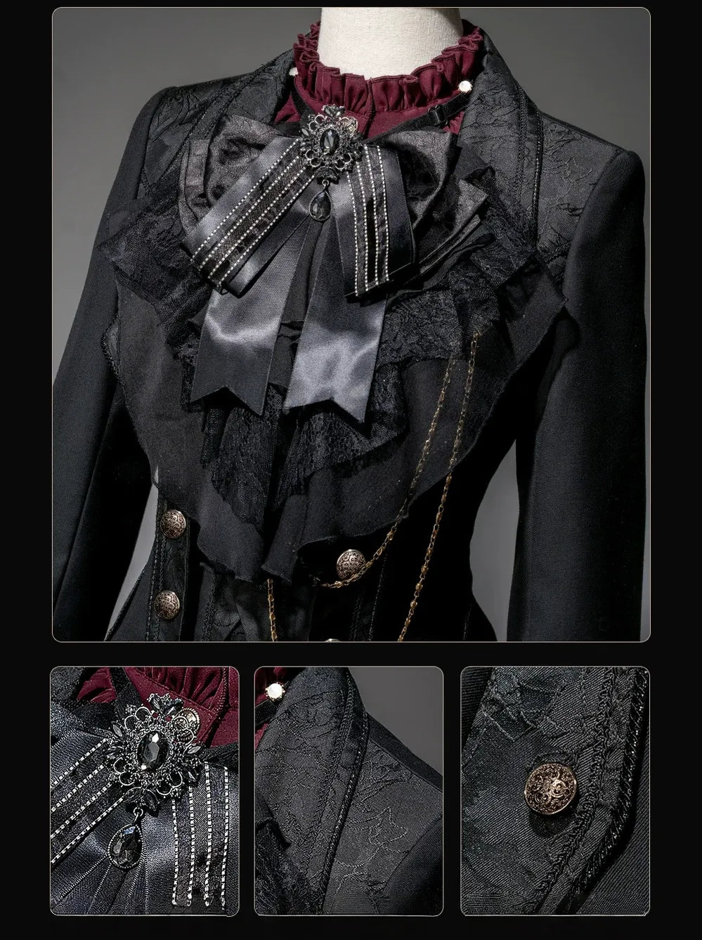 Chapter Seven - Jacquard Faux Two-piece Coat Set, Ruffled Collar Shirt