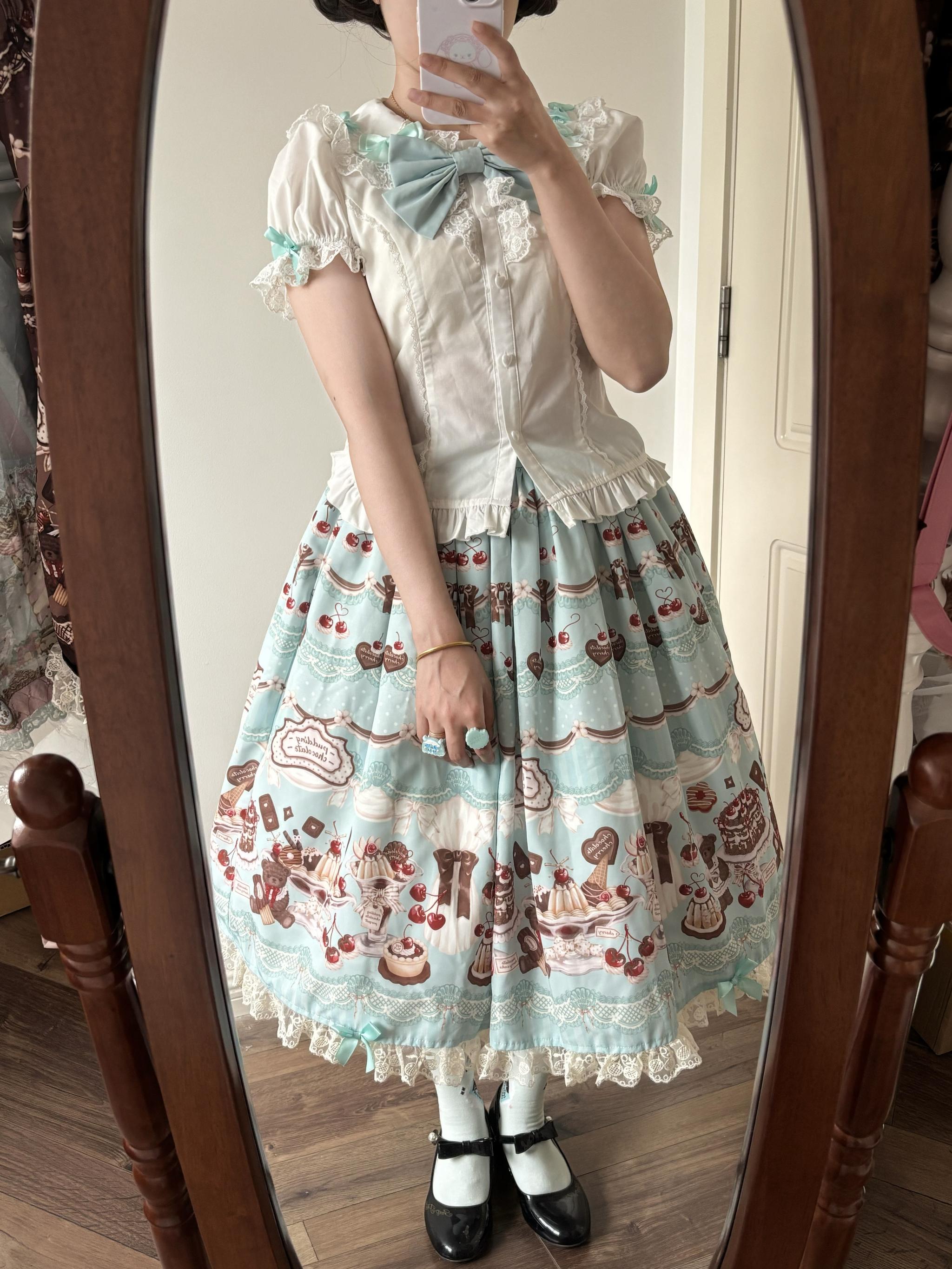 Cherry Choco Bear - Kawaii Lolita Elastic Skirt, Dessert and Cherry Print