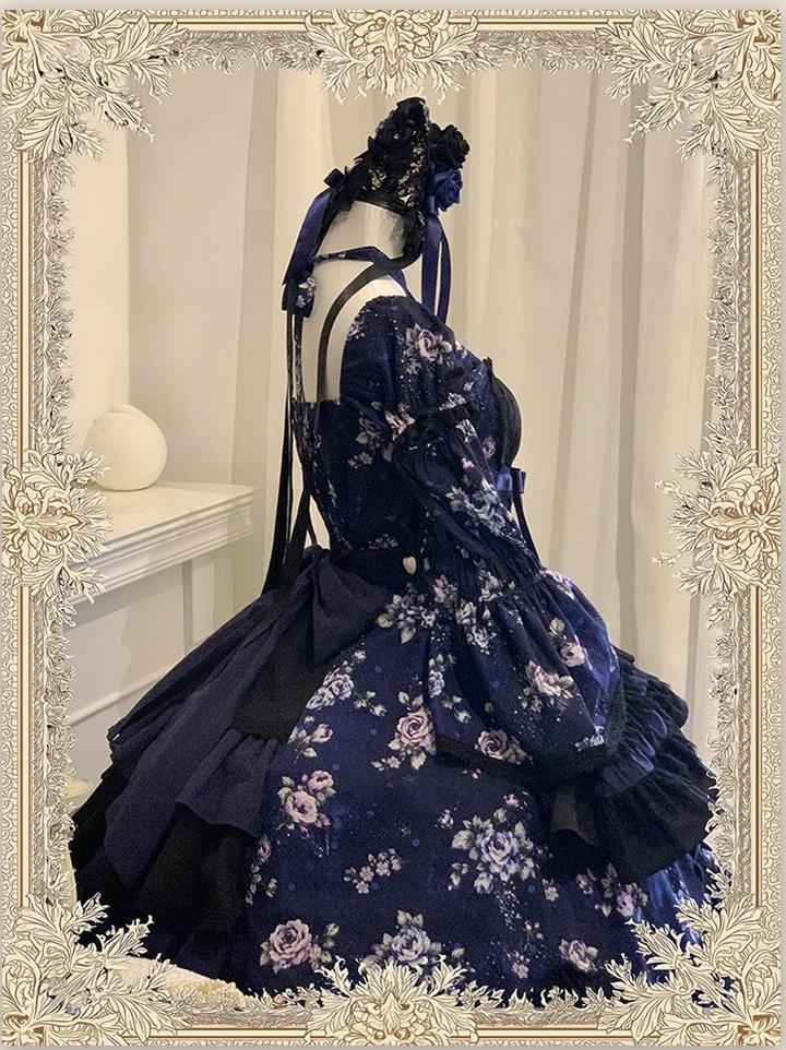 Starry Whisper - Six-panel Old School Lolita Rose Print OP Dress, Back Opening 45791:865226
