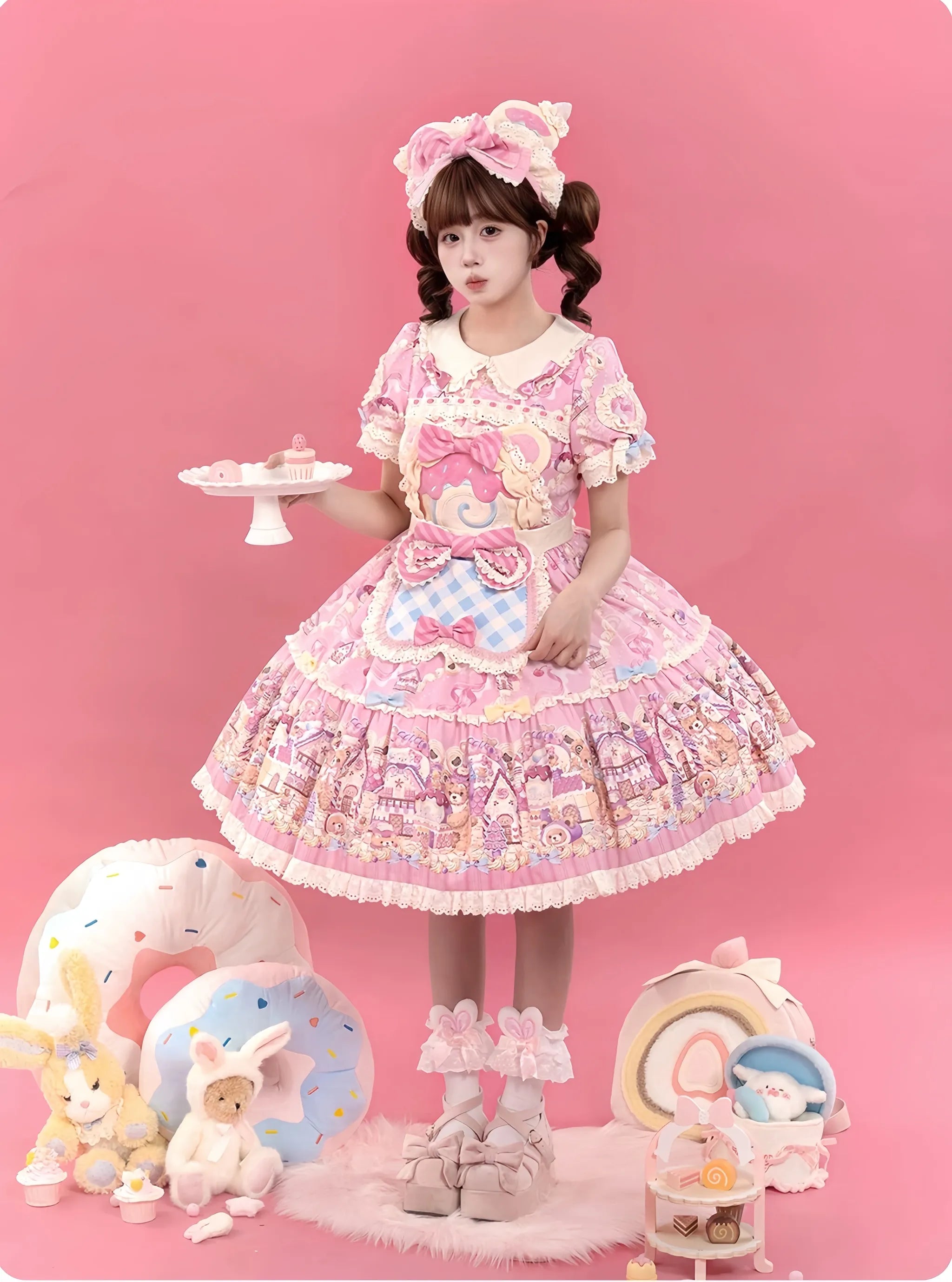 Bear Cake - Sweet Lolita JSK & OP Dress, Bear & Dessert Print 45755:860923