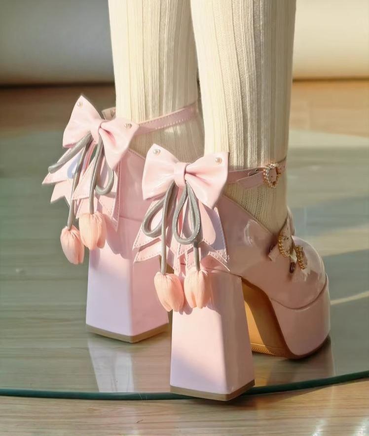 Classic Lolita Heel Shoes, Detachable Tulip Bow