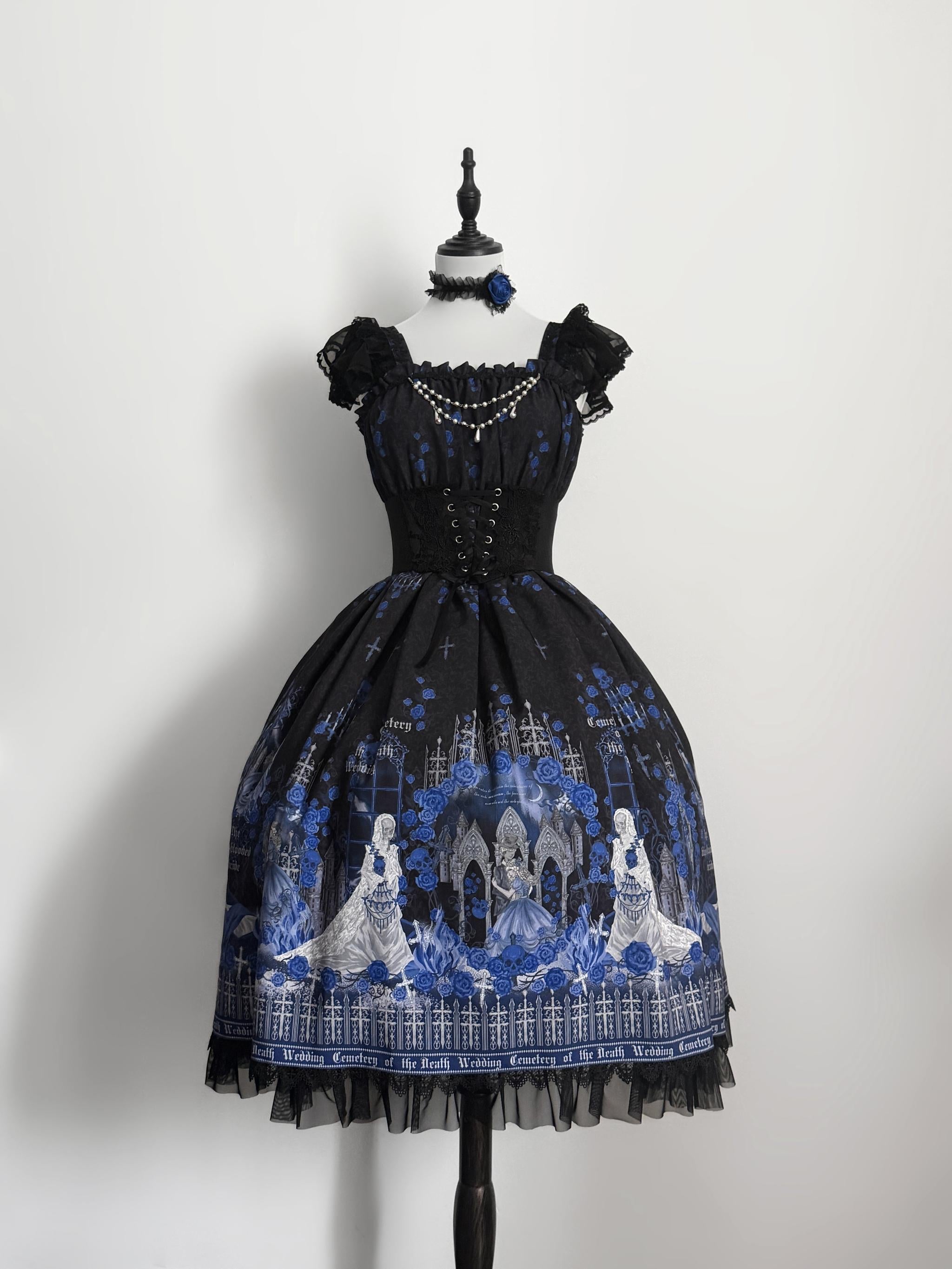 Blue Blood Wedding - Printed Gothic Lolita JSK Dress, Corset SK Set Blue JSK + Corset + Chest Chain S