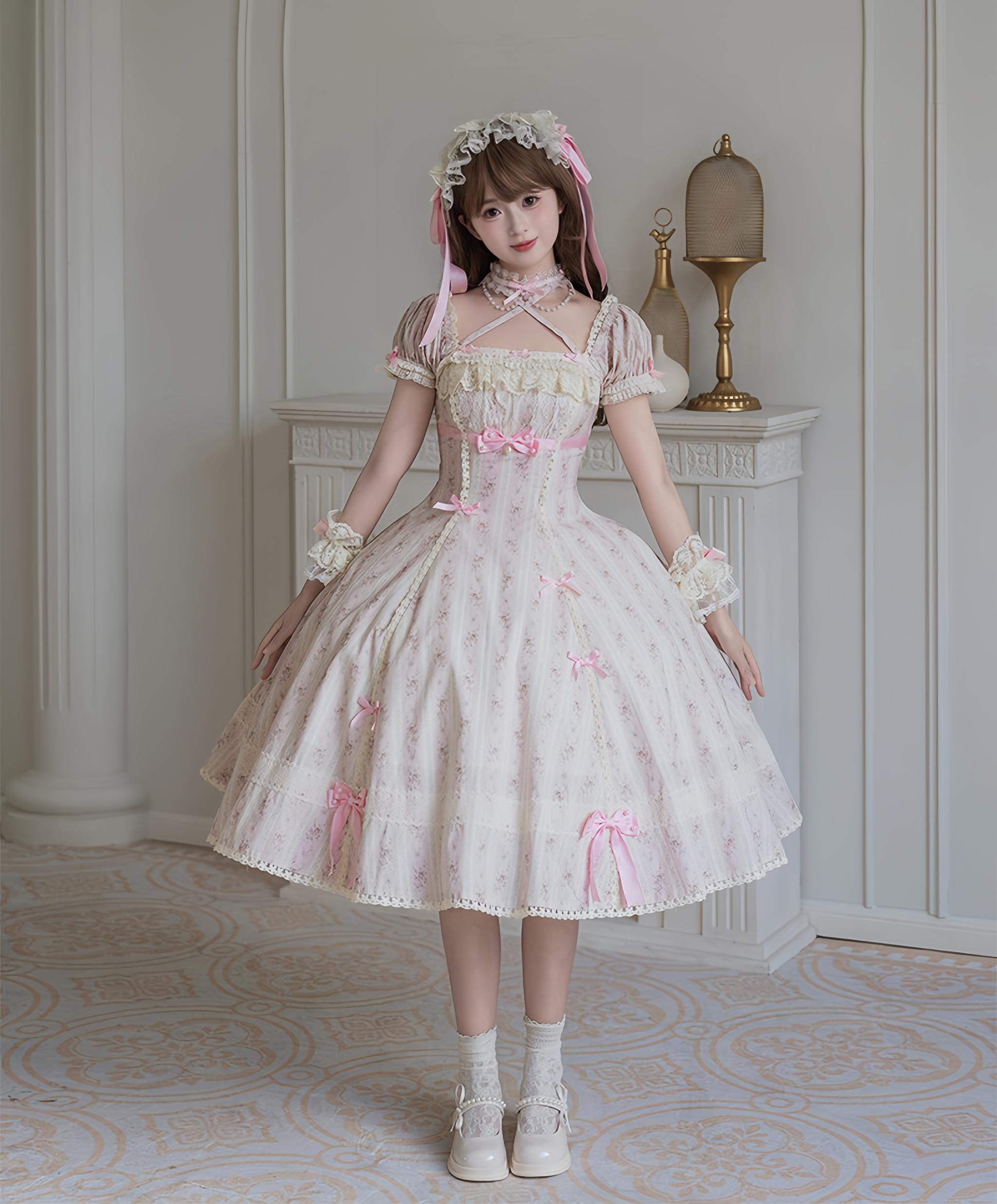 Garden Encounter of Three Springs - Cotton Old School Lolita Floral Print OP, Lace Back Opening (L M S XL) 45674:858629