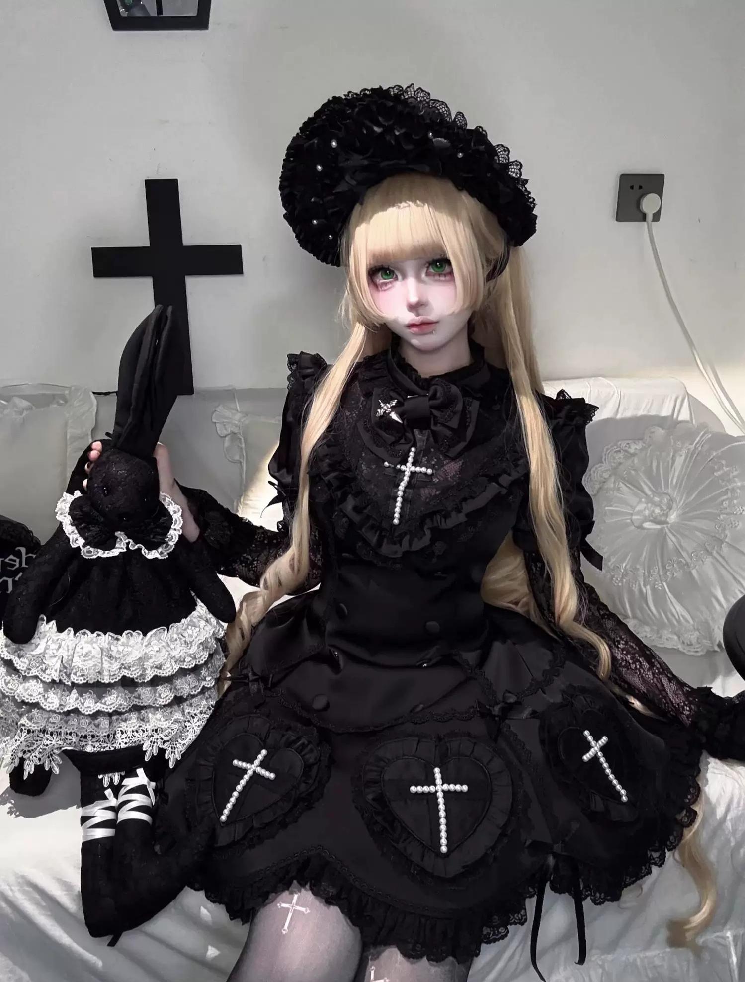 Nocthymn Cross - Gothic Lolita OP Dress with Pearled Cross, Detachable Sleeves 45813:863456