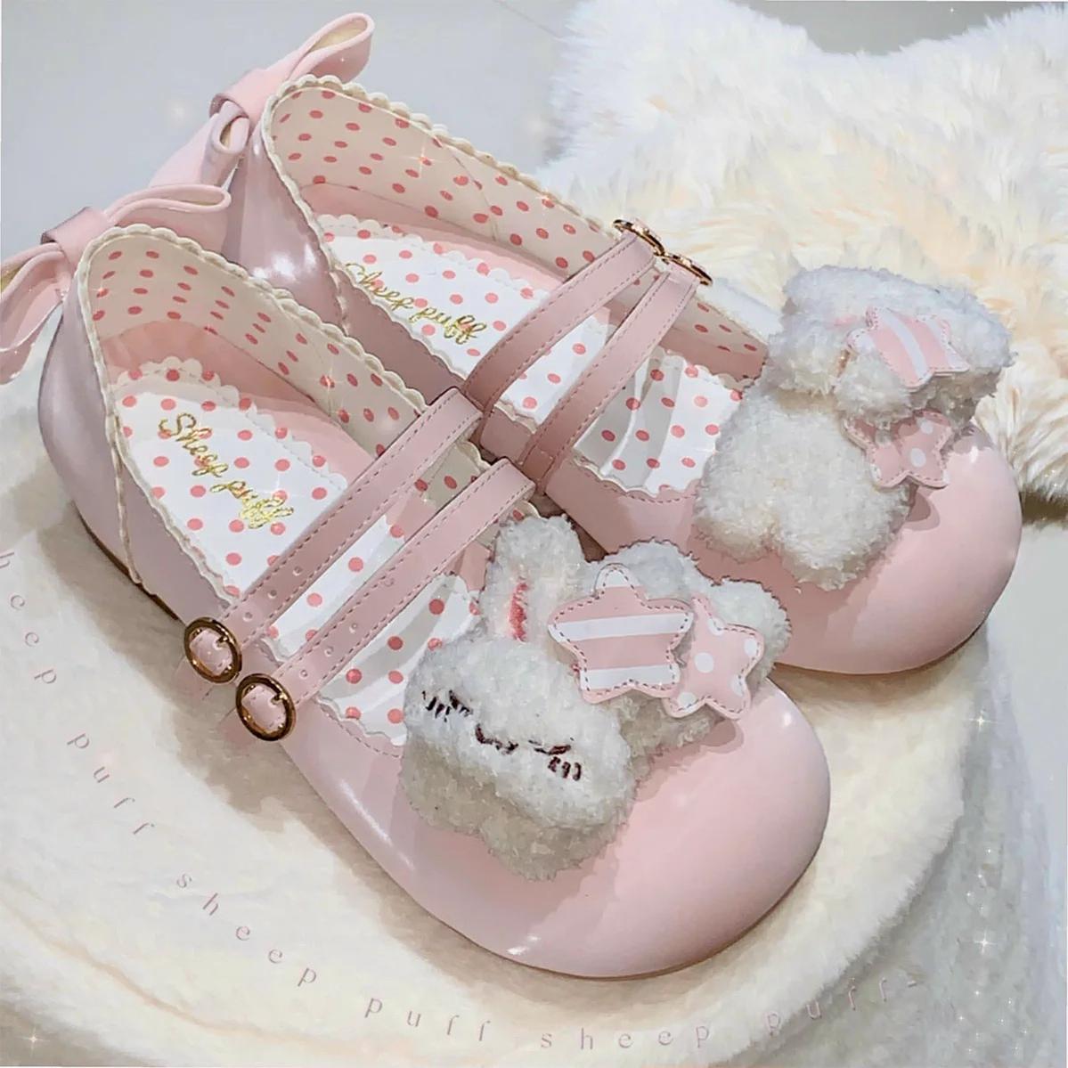 Sheep Puff - Mimitty Rabbit - Kawaii Lolita Low Heel Shoes Plush Bunny Spring Lolita Shoes