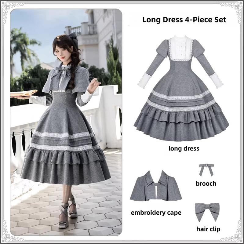 Reminisce - Pile Classic Lolita Dress, Detachable Cape (L M S) 44439:808572