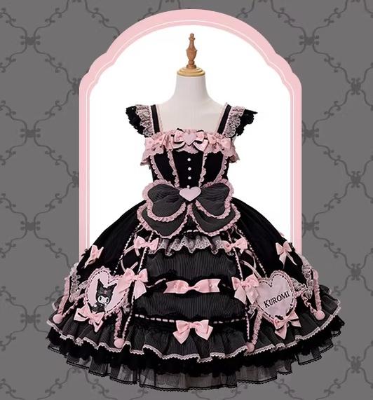 IP Collaboration Sweet Lolita JSK Dress Set,Kuromi Details Irregular Hem JSK Dress Only XS