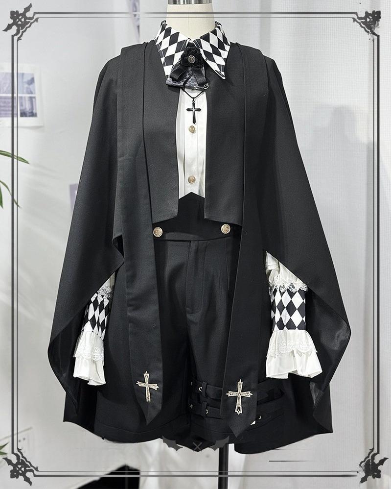 CastleToo - Fantasy Wonderland - Ouji Lolita Checkered Blouse with Suspenders Pants and Cape Cape only (One Size) One Size