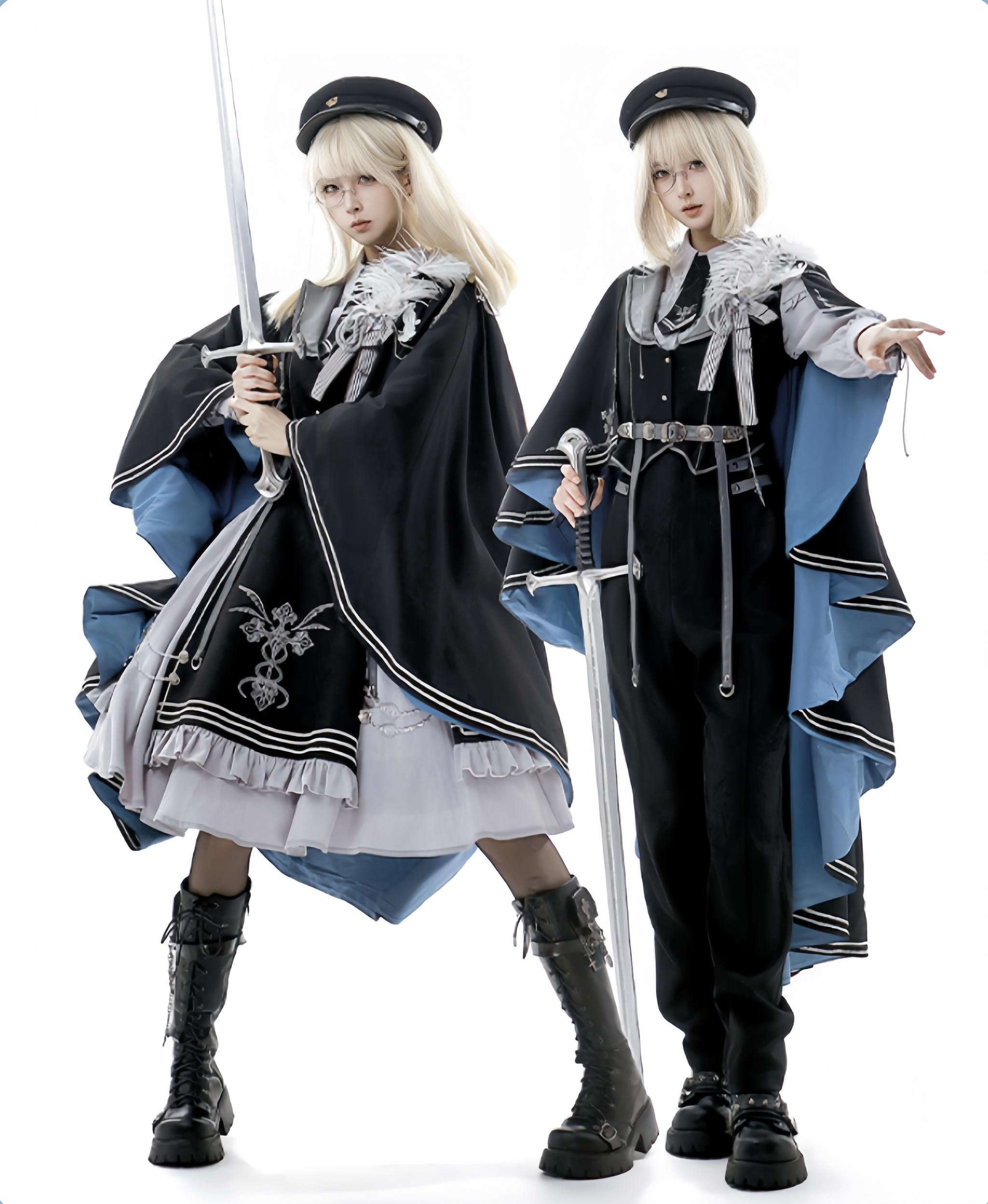 Dark Night Contract - Blue Military Lolita Pants Long Cape Couple Suit